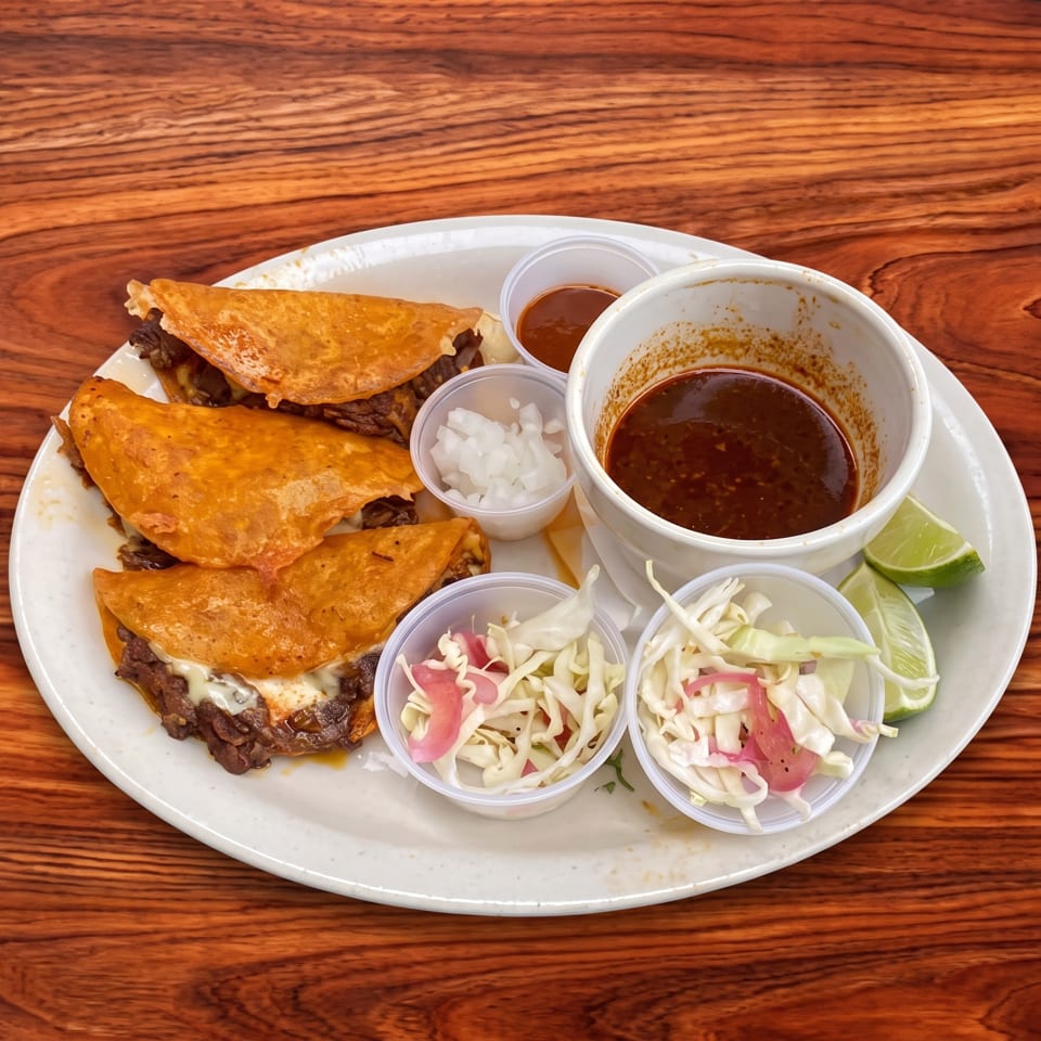 Plate of birria tacos with consommé, chopped onions, cabbage slaw, and lime wedges on a wooden table.