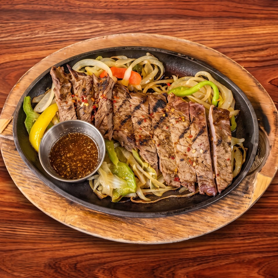 Sliced grilled steak fajitas with onions, peppers, and sauce on a sizzling platter.